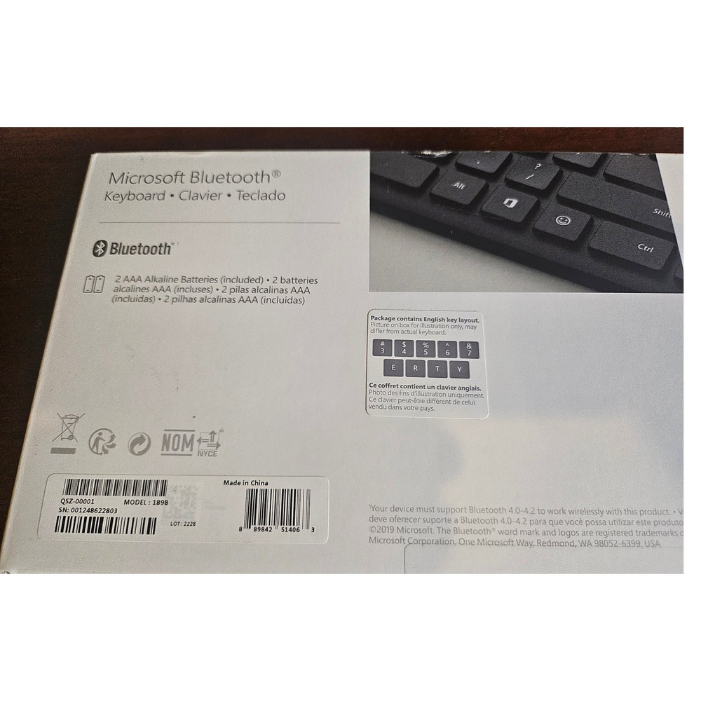 Microsoft Bluetooth Keyboard Model 1898 Black Wireless Slim Office Number Pad